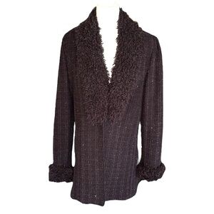 St. John Vintage Brown Metallic Tweed Faux Fur Detachable Collar Knit Blazer - 6